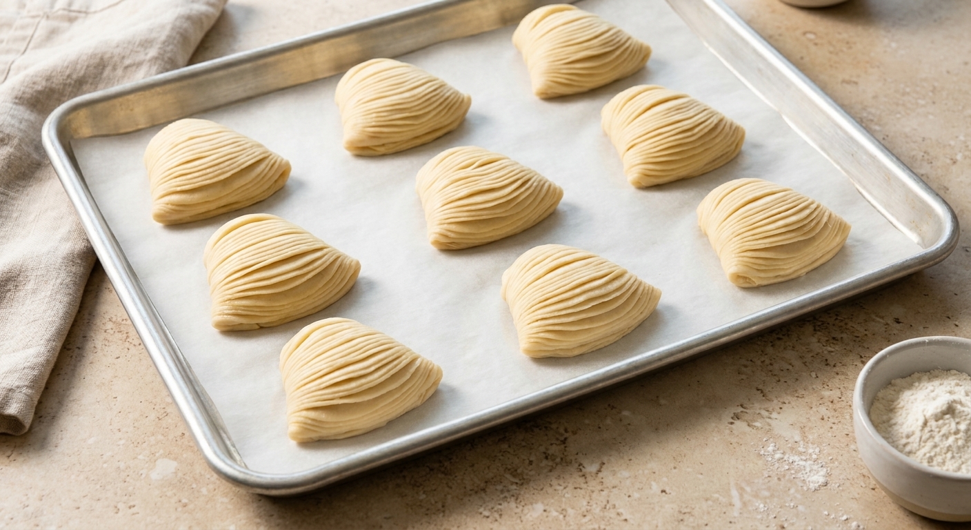 Unbaked sfogliatelle pastries arranged on a parchment-lined baking sheet, showing the ridged shell shape
