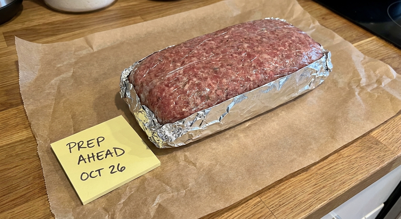 Unbaked shaped meatloaf on parchment, tightly wrapped in plastic and foil, placed beside a sticky note labeled “prep ahead” and date.