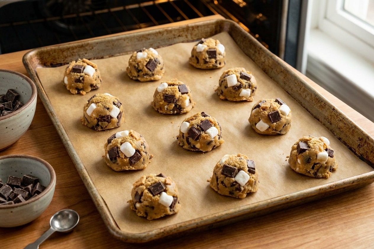 Unbaked s’mores cookie dough balls with chocolate chunks on a parchment-lined sheet pan ready to go into the oven