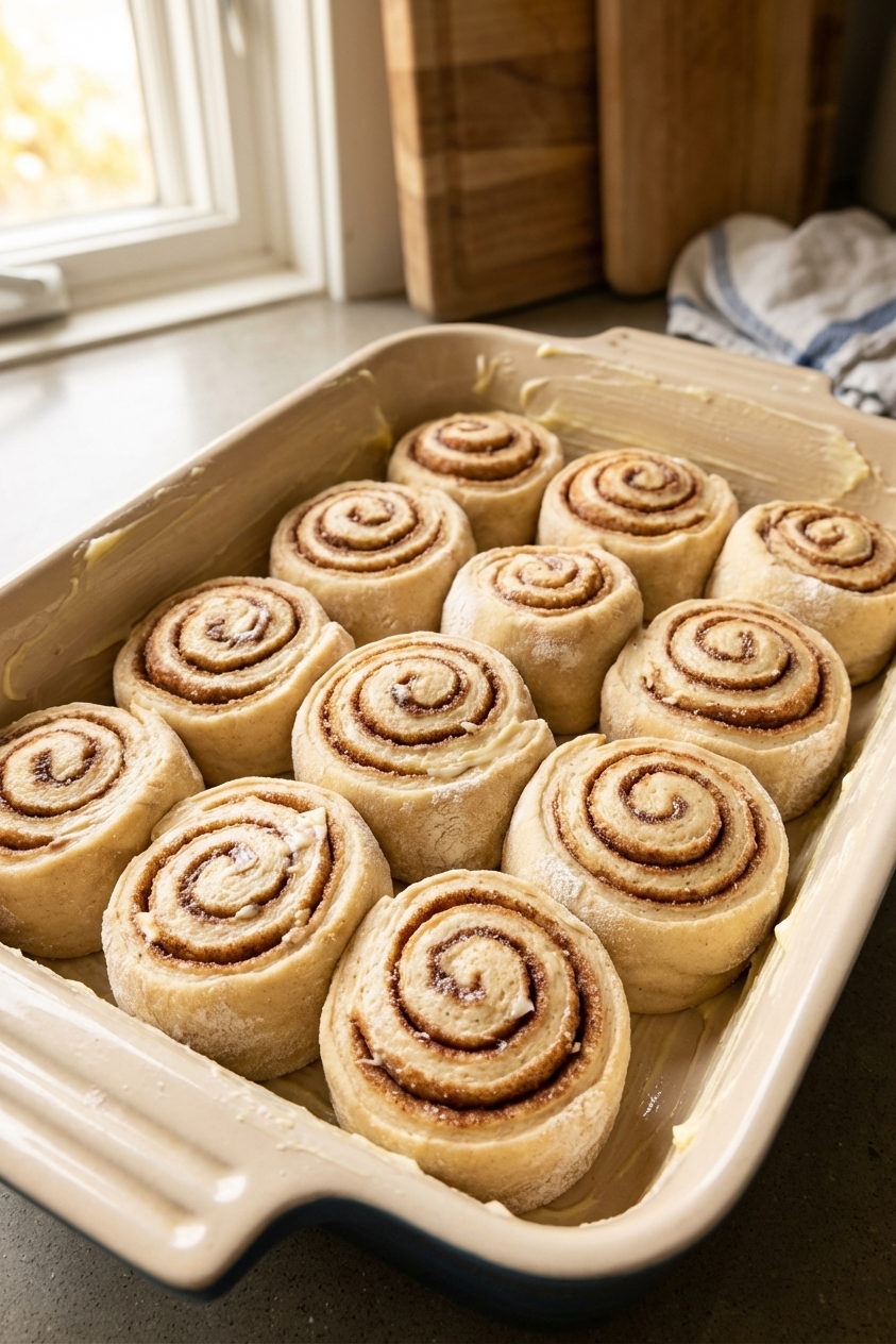 Unbaked sourdough cinnamon rolls sliced and arranged in a buttered baking dish before the final rise