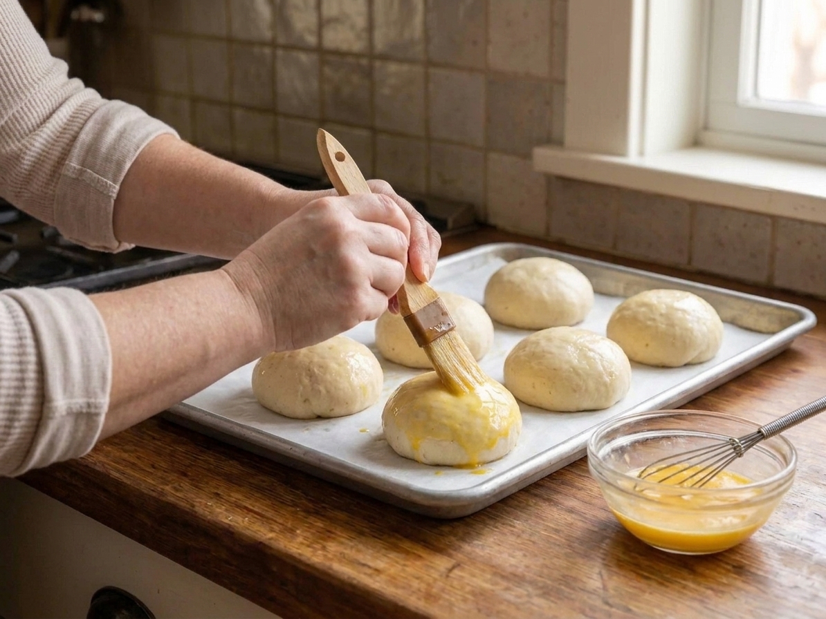 Unbaked stuffed buns arranged on a parchment-lined baking sheet, being brushed with egg wash