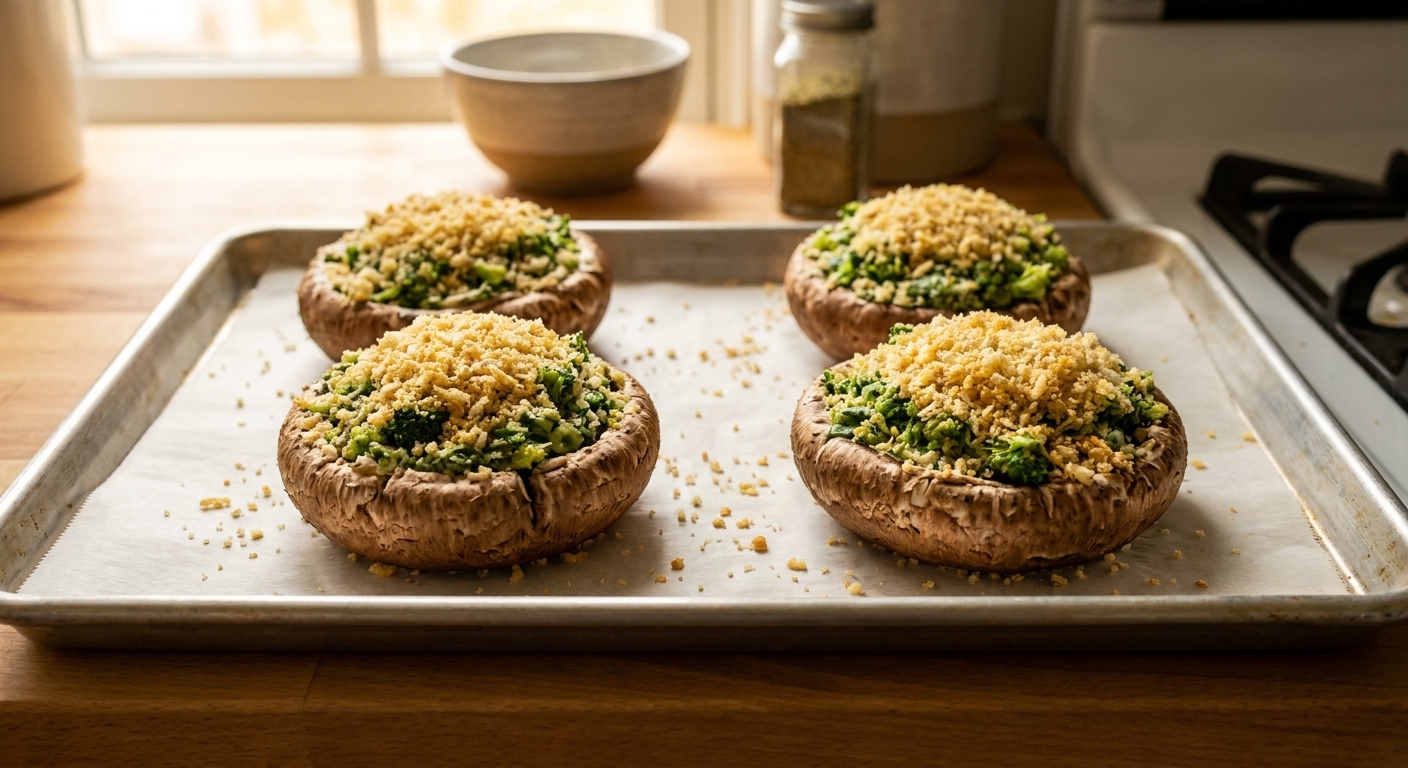 Unbaked stuffed portobello mushrooms on a parchment-lined sheet pan, topped with panko breadcrumbs before going into the oven