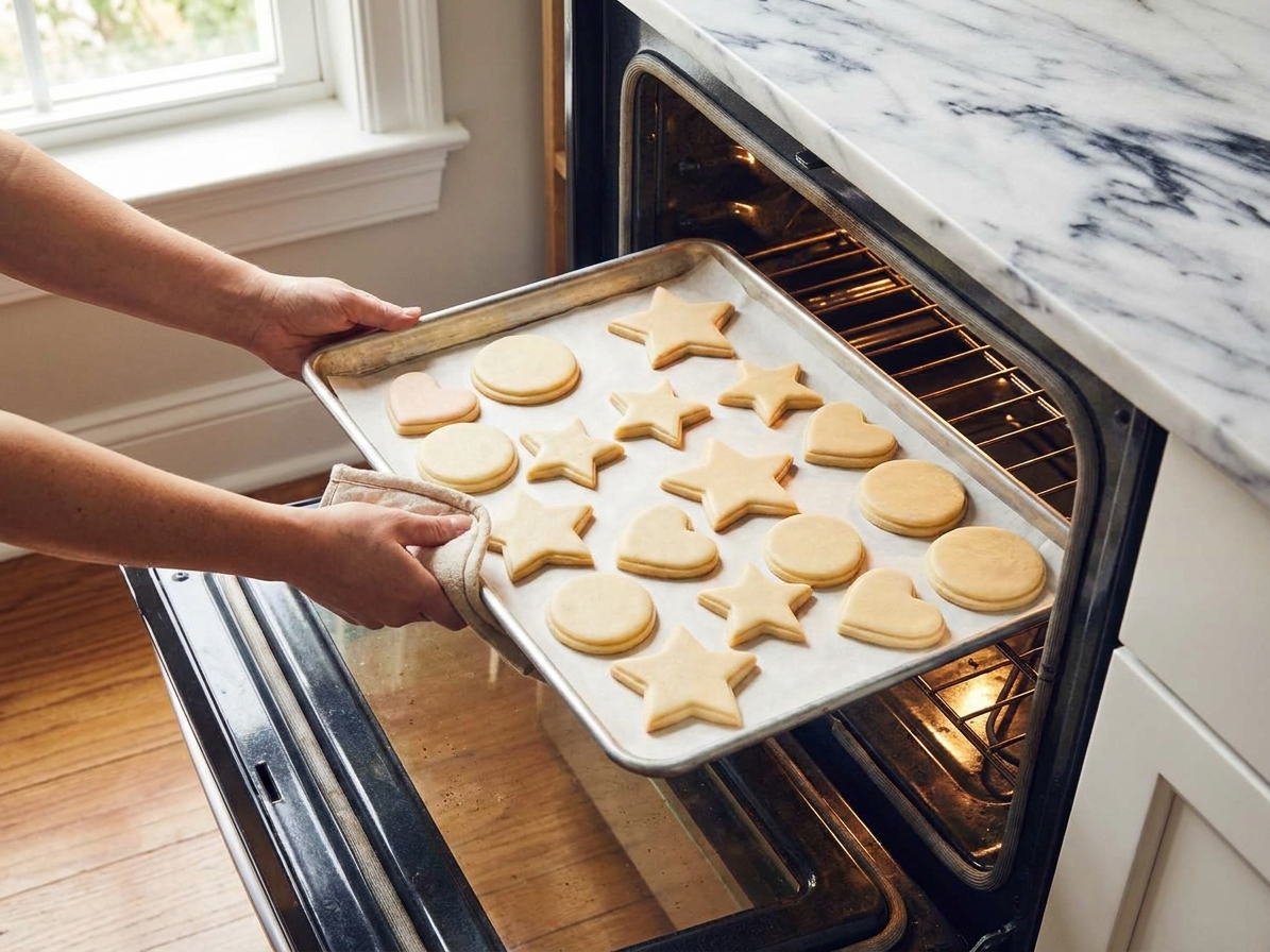 Unbaked sugar cookie cutouts on a parchment-lined baking sheet being placed into a home oven
