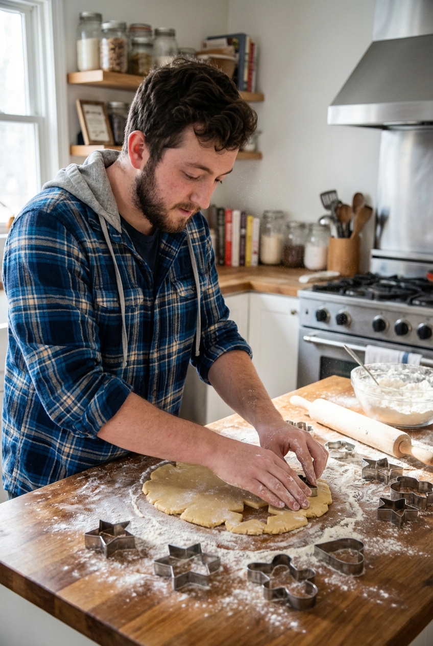 Unbaked sugar cookie dough rolled out on a floured counter with cookie cutters and flour dusting