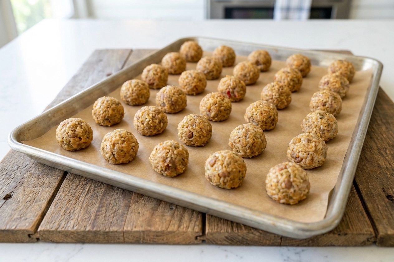Unbreaded boudin balls arranged in neat rows on a parchment lined baking sheet before chilling