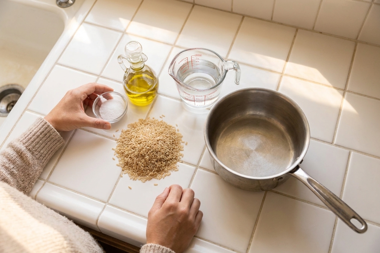 Uncooked brown rice, kosher salt, olive oil, and water measured on a clean kitchen counter with a saucepan nearby, consistent warm home kitchen lighting