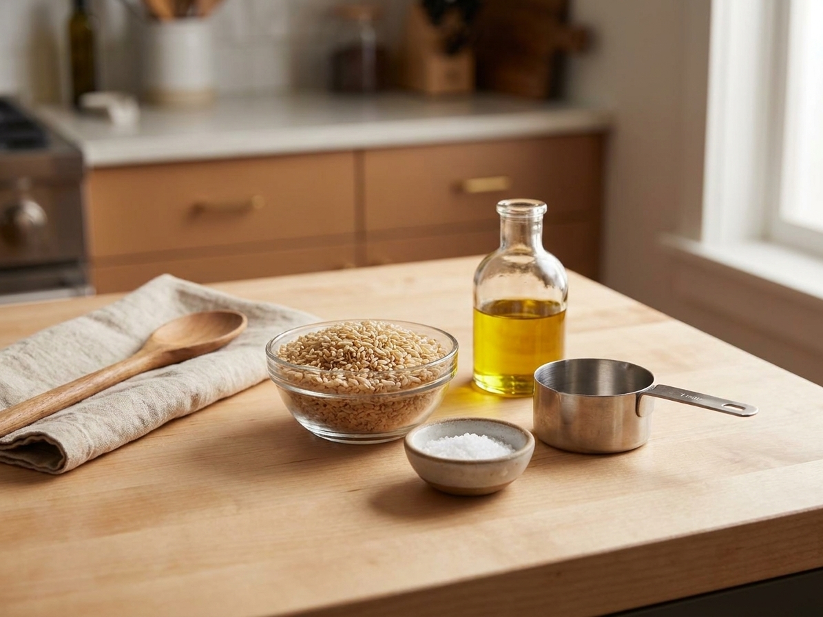 Uncooked brown rice, salt, olive oil, and a measuring cup arranged on a home kitchen counter