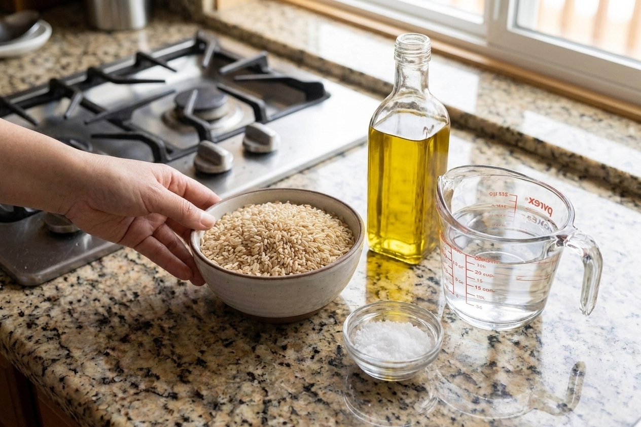 Uncooked brown rice, salt, olive oil, and a measuring cup of water arranged on a clean kitchen counter under soft natural light