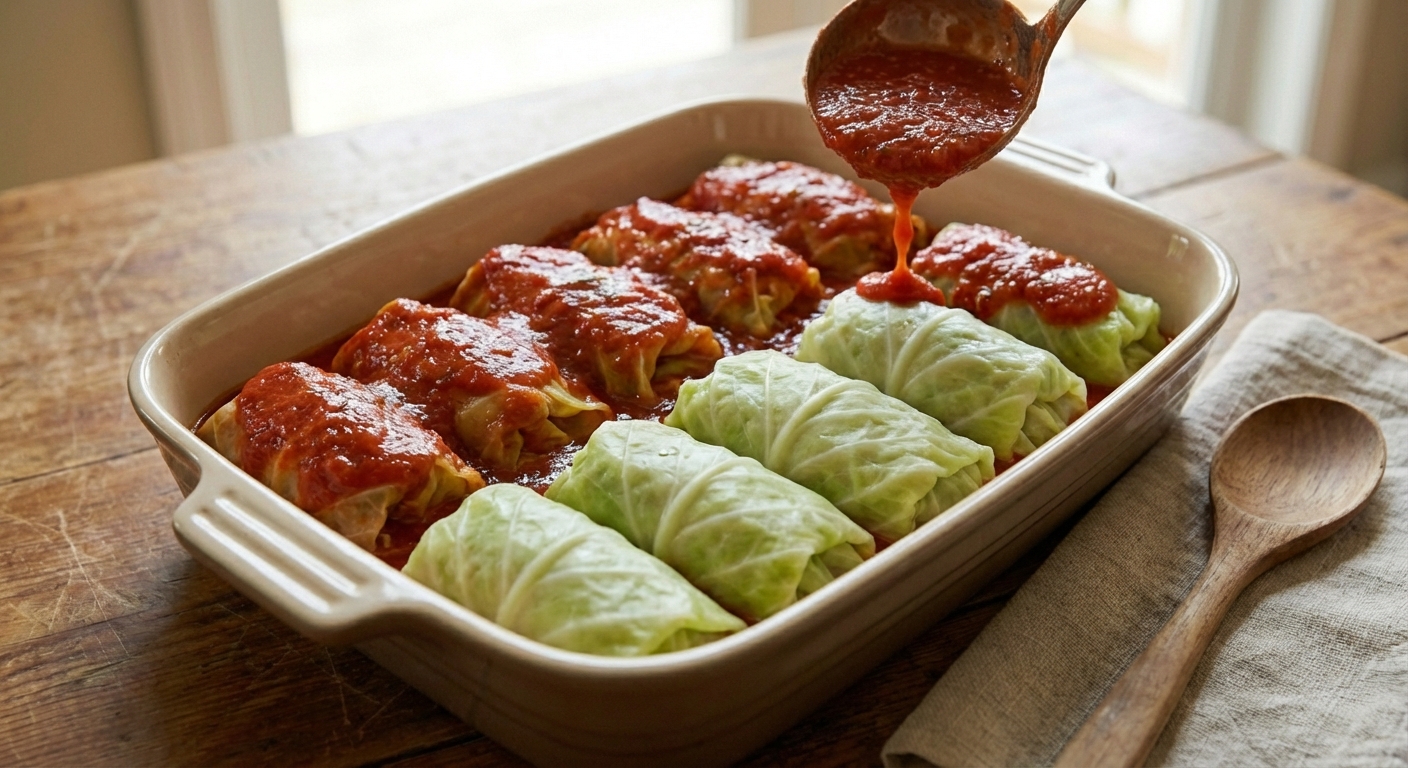 Uncooked cabbage rolls arranged seam-side down in a baking dish with tomato sauce being poured over them