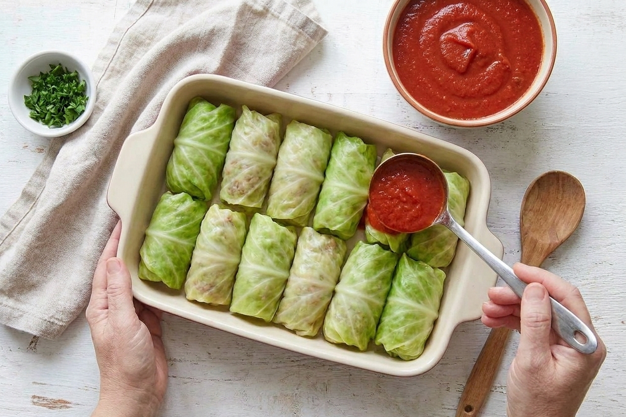 Uncooked cabbage rolls arranged seam-side down in a deep baking dish, ready to be covered with tomato sauce