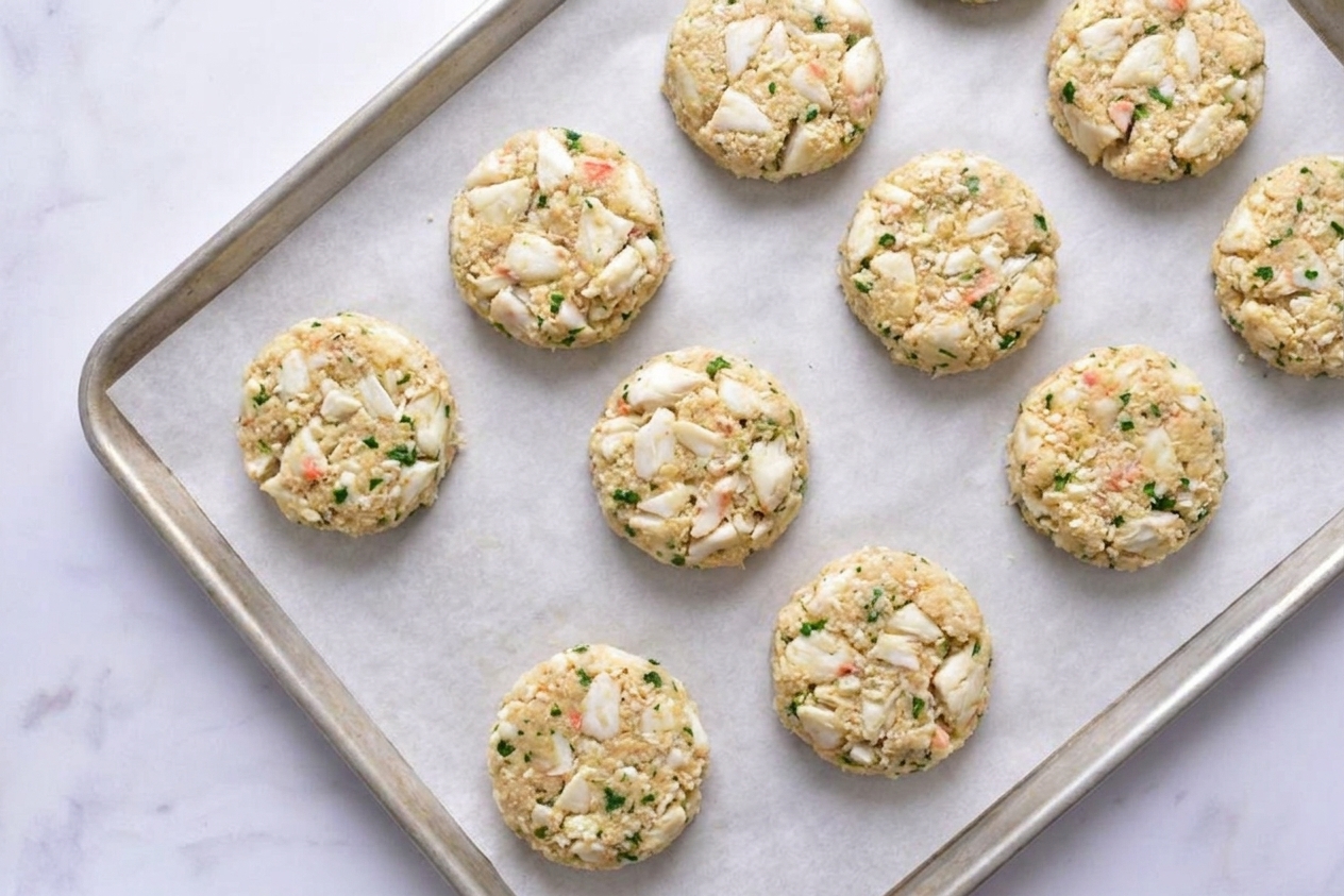 Uncooked crab cakes shaped into patties on a parchment-lined tray in a home kitchen