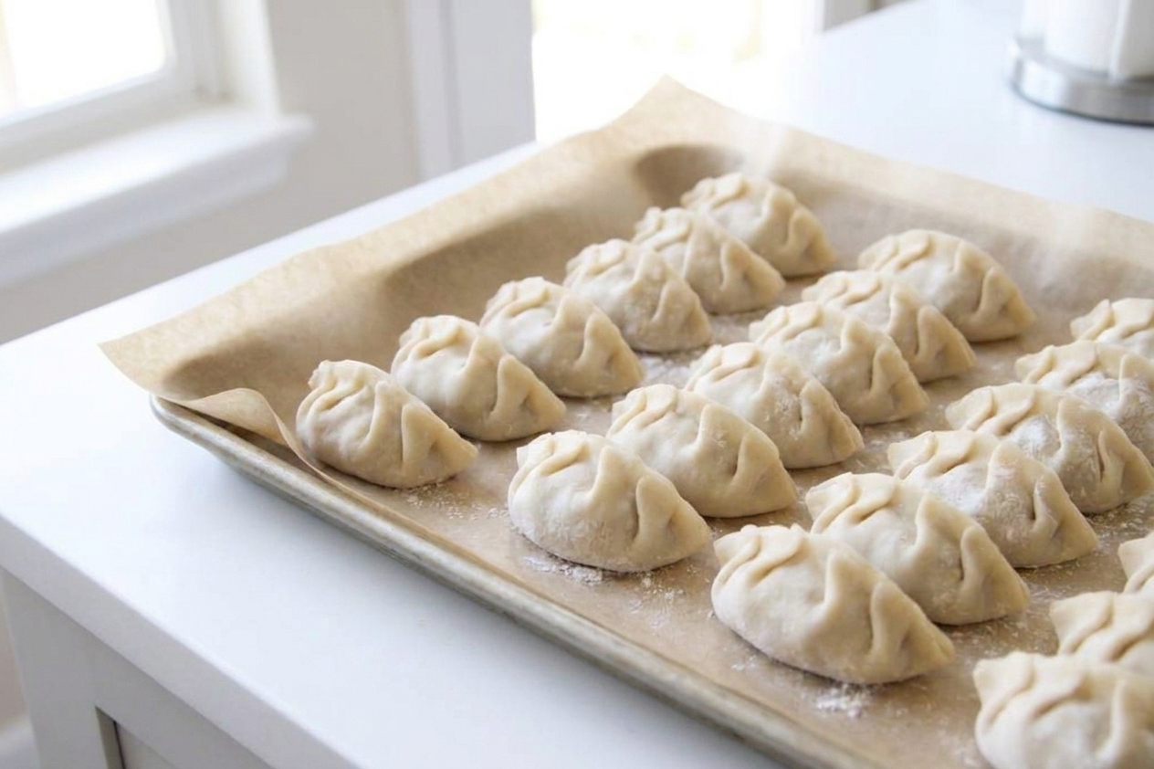 Uncooked dumplings arranged in a single layer on a parchment-lined baking sheet, ready to freeze on a kitchen counter
