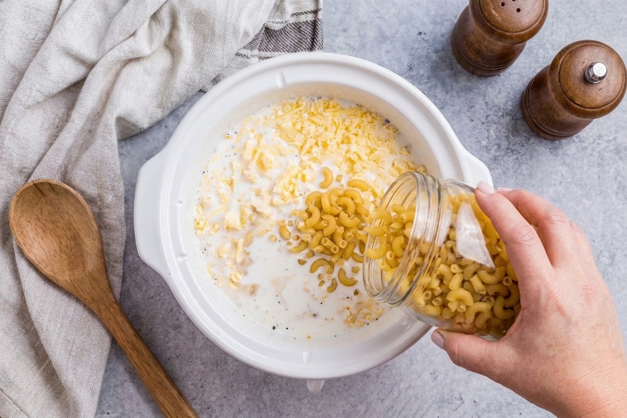 Uncooked elbow macaroni being poured into a slow cooker filled with a creamy milk mixture on a kitchen counter