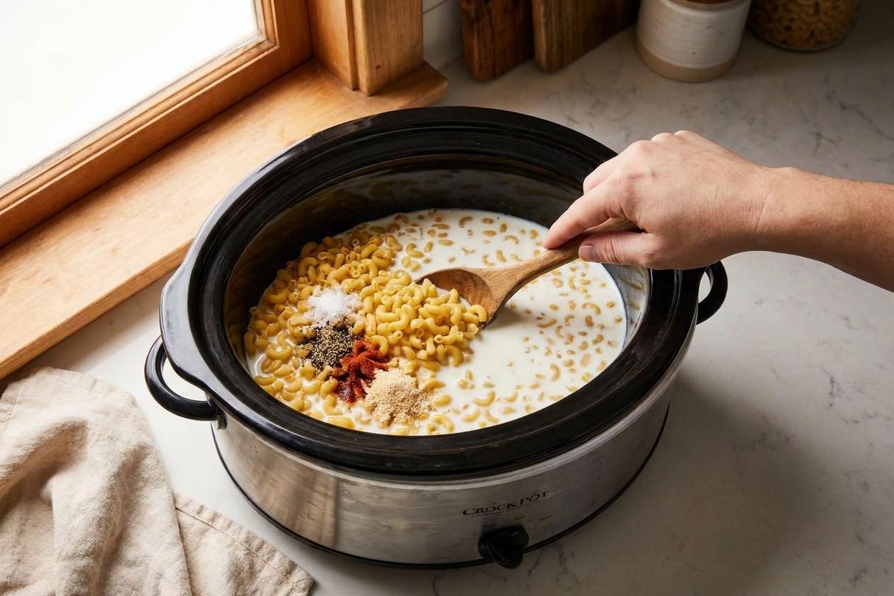 Uncooked elbow macaroni being stirred with milk and seasonings inside a slow cooker insert on a kitchen counter