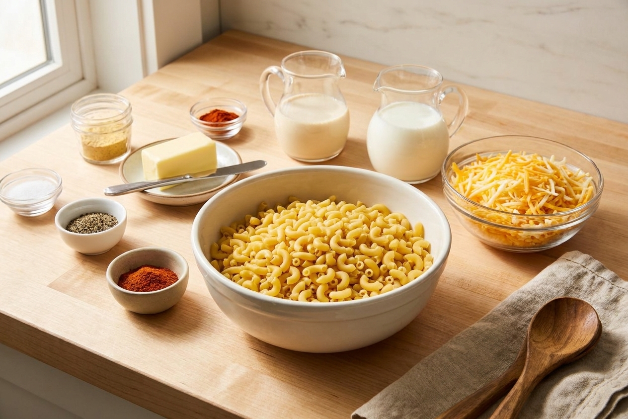 Uncooked elbow macaroni, shredded cheddar, evaporated milk, whole milk, butter, and seasonings arranged on a clean kitchen counter in warm natural light