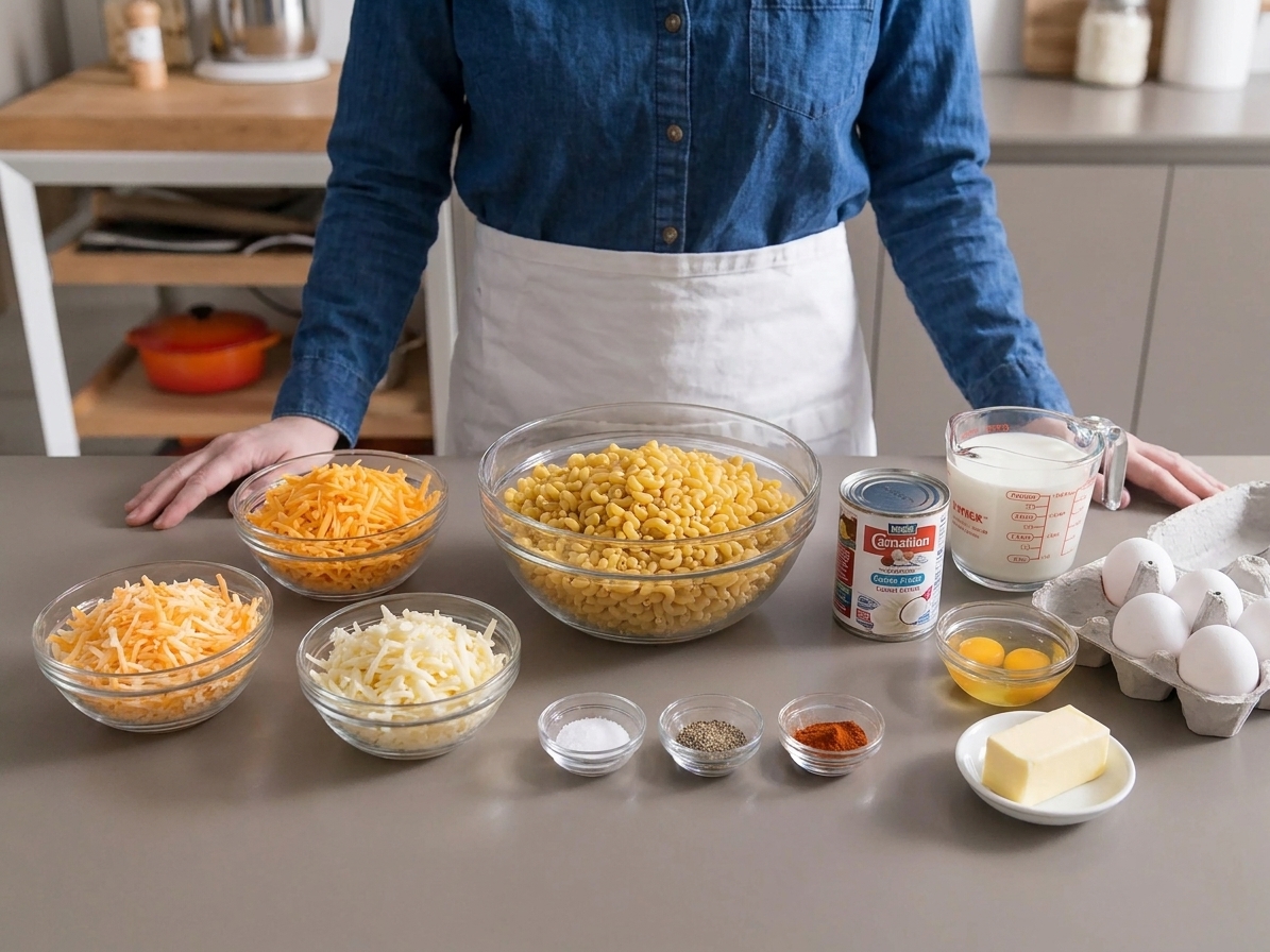 Uncooked elbow macaroni, shredded cheddar, shredded Monterey Jack, evaporated milk, milk, eggs, butter, and seasonings arranged on a bright kitchen counter