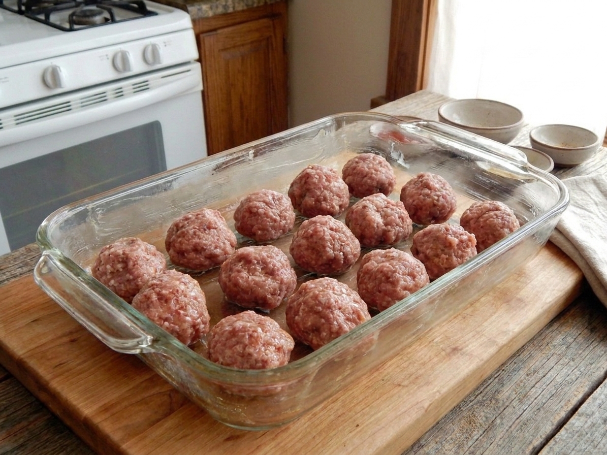 Uncooked ham balls arranged in rows in a greased 9x13 baking dish