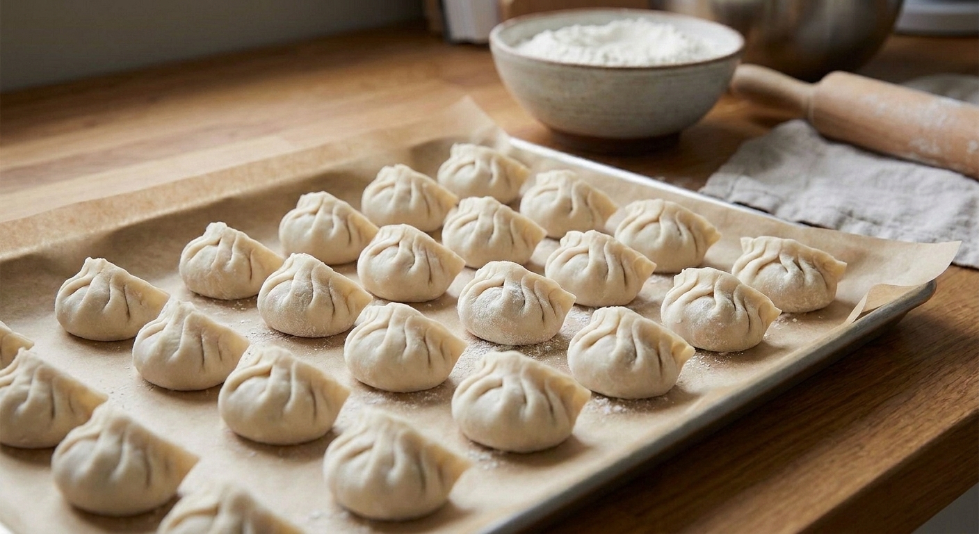 Uncooked homemade dumplings arranged in rows on a parchment-lined tray on a kitchen counter