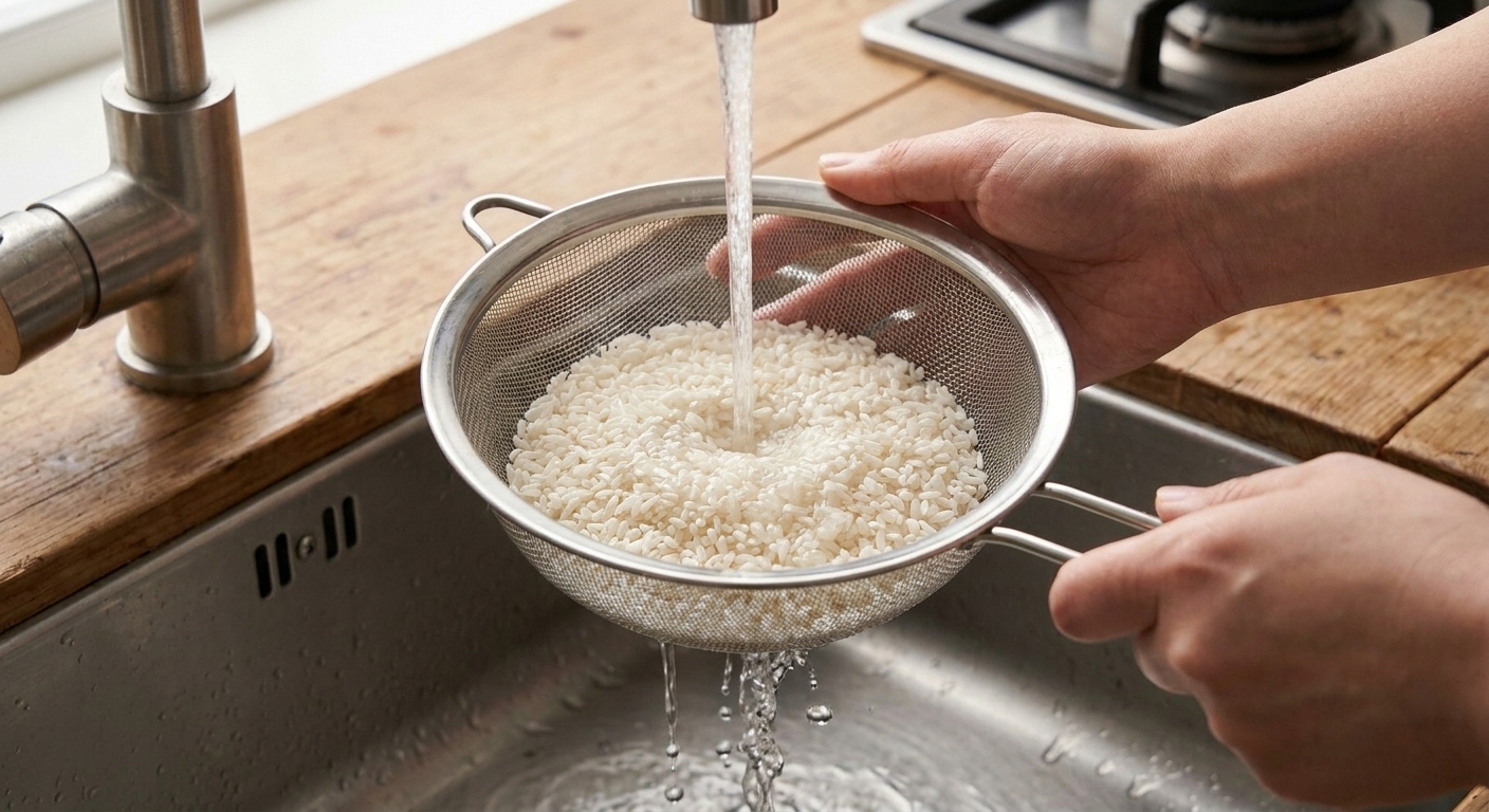 Uncooked jasmine rice being rinsed under running water in a fine mesh strainer over a sink