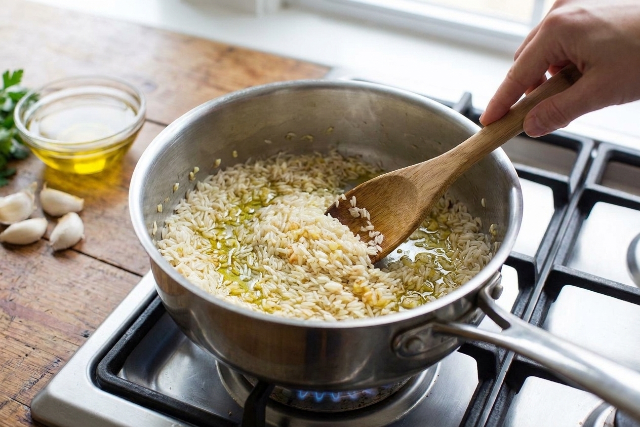 Uncooked long-grain rice being stirred in a saucepan with olive oil and minced garlic as it toasts on the stovetop