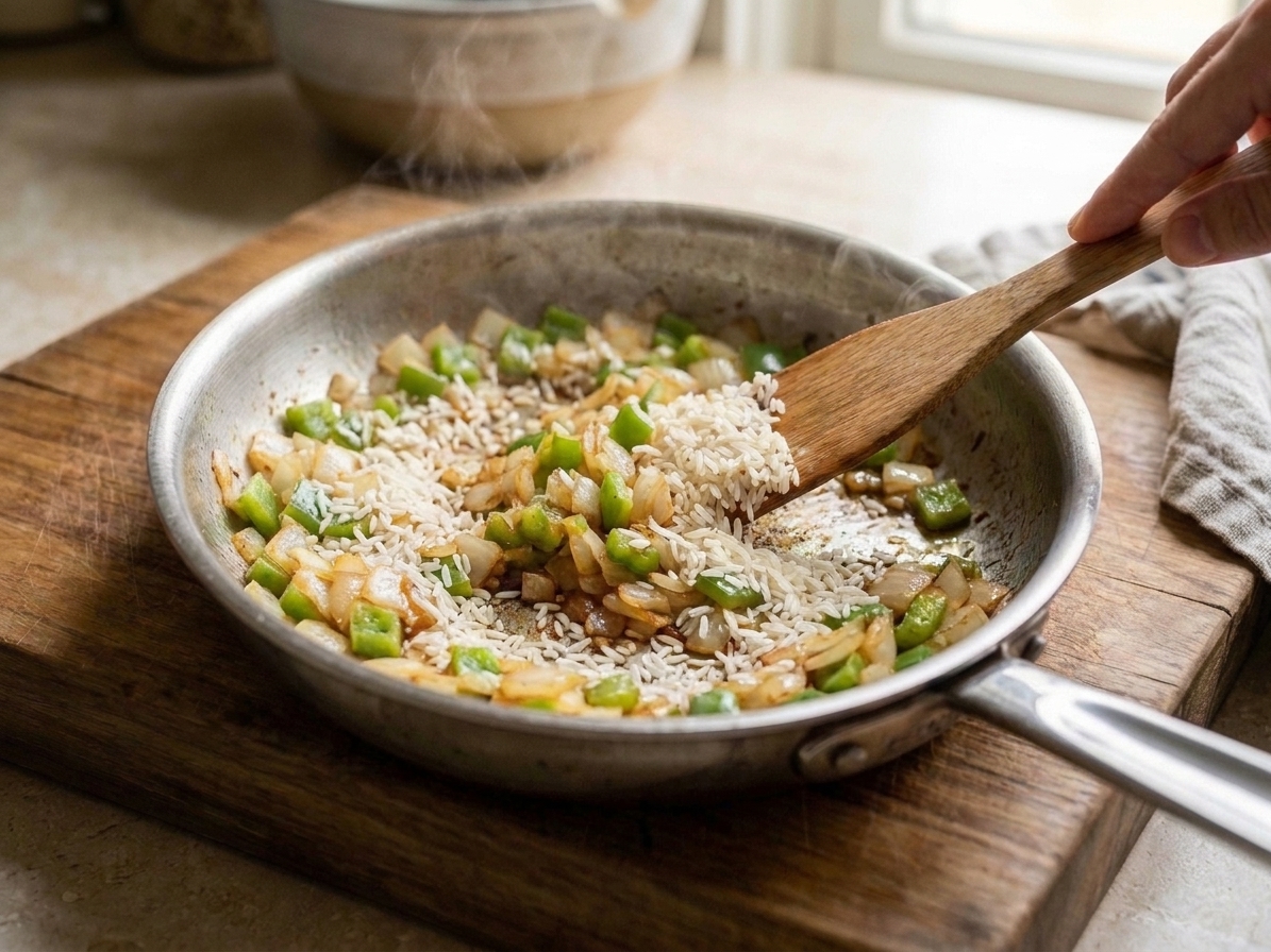 Uncooked long-grain rice being stirred into sautéed peppers and onions in a pan