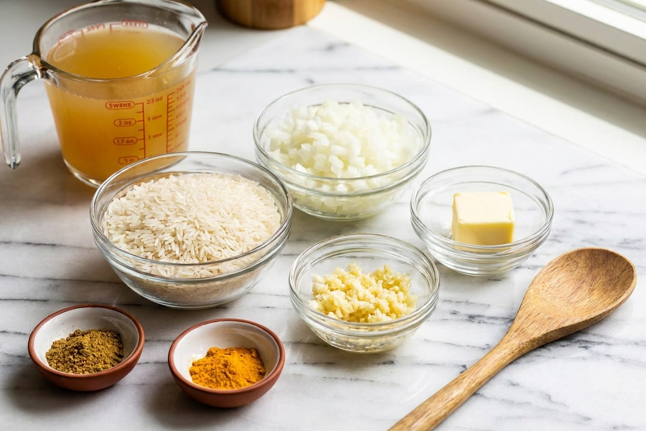 Uncooked long grain rice, diced onion, minced garlic, butter, broth, and small bowls of spices arranged on a bright kitchen counter