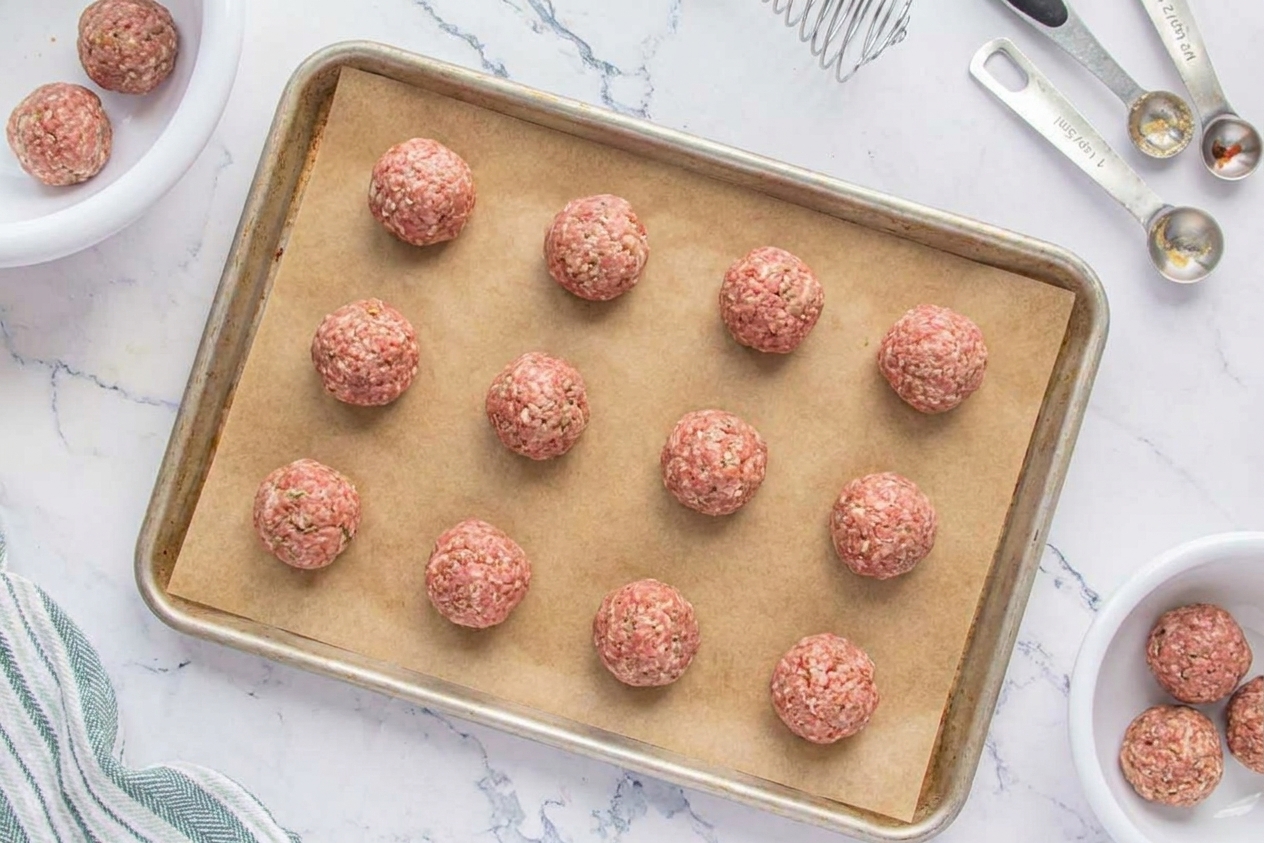 Uncooked meatballs evenly spaced on a parchment-lined baking sheet on a kitchen counter