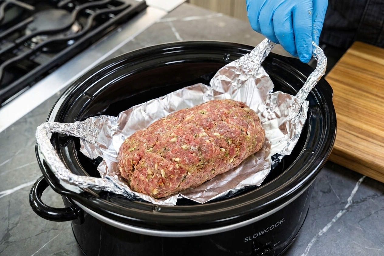 Uncooked meatloaf shaped into a loaf and placed on a foil sling inside a slow cooker before cooking
