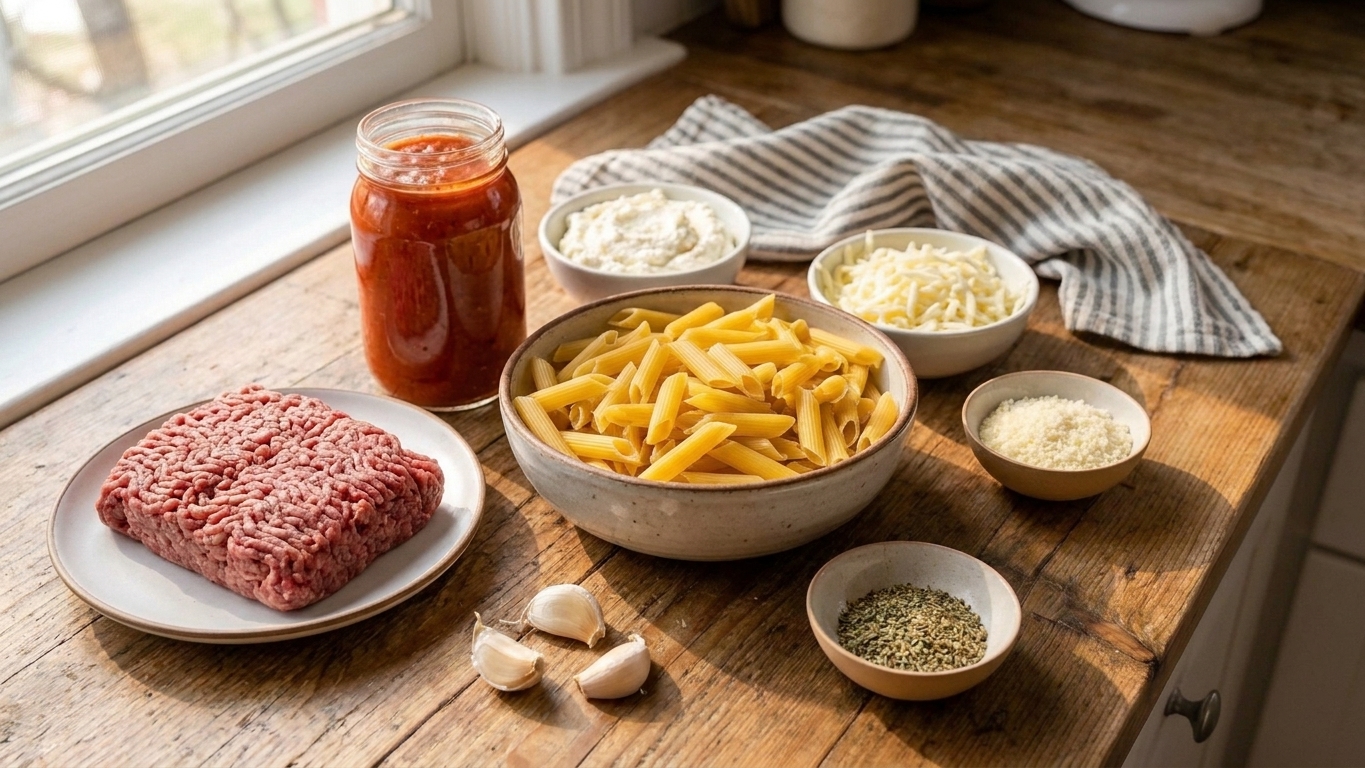 Uncooked mostaccioli pasta, ground beef, marinara, ricotta, shredded mozzarella, Parmesan, garlic, and dried Italian seasoning arranged on a bright kitchen counter