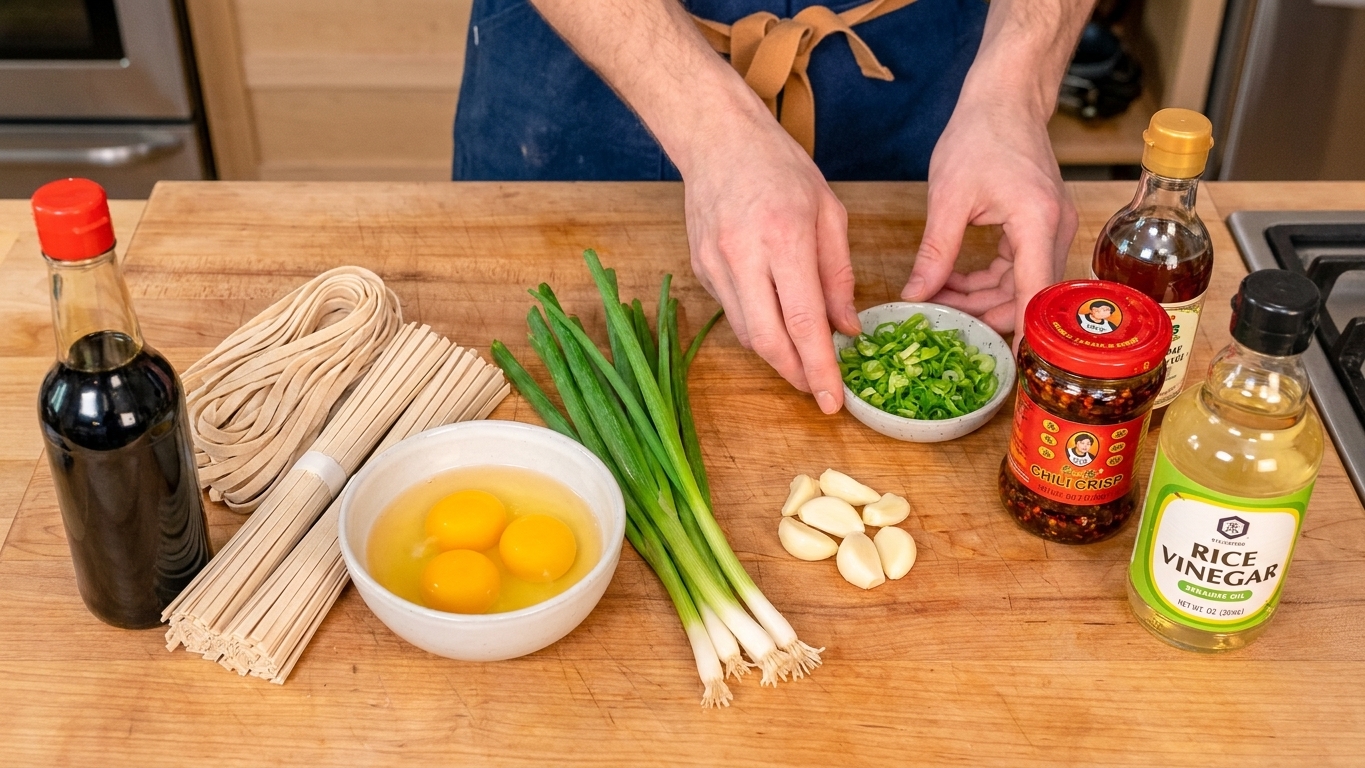 Uncooked noodles, eggs, scallions, garlic, soy sauce, chili crisp, sesame oil, and rice vinegar arranged on a clean kitchen counter under warm light