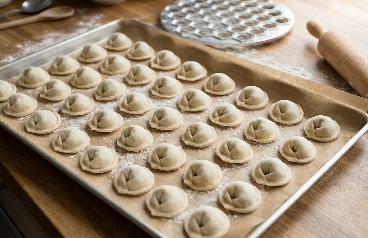 Uncooked pelmeni spaced out on a parchment-lined sheet pan ready to be frozen