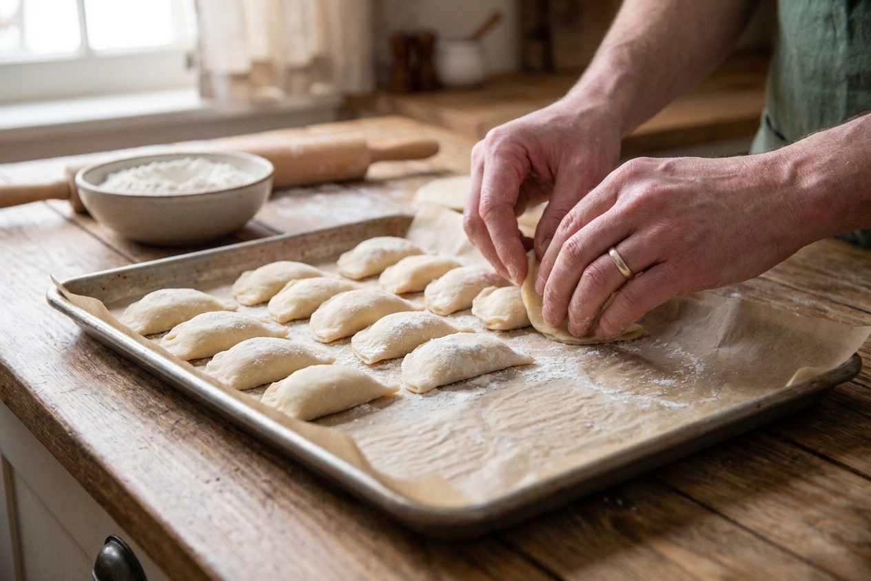 Uncooked perogies arranged in a single layer on a parchment-lined baking sheet, ready to freeze in a home kitchen