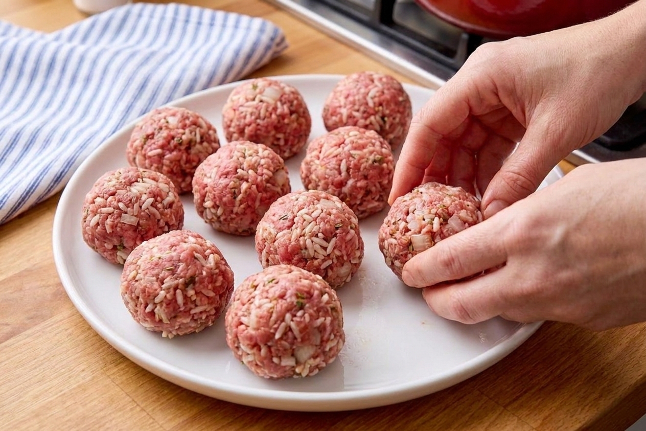 Uncooked porcupine meatballs rolled and arranged on a ceramic plate on a kitchen counter