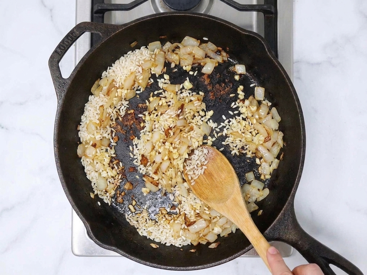 Uncooked rice being stirred in a skillet with softened onions and garlic, showing browned bits on the pan