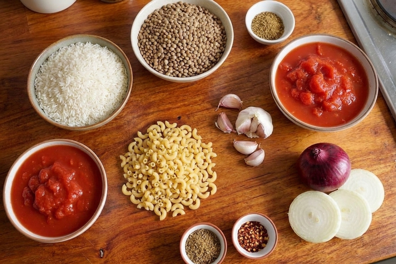 Uncooked rice, brown lentils, small pasta, canned tomatoes, garlic, onions, and spices arranged on a bright kitchen counter in a single overhead scene