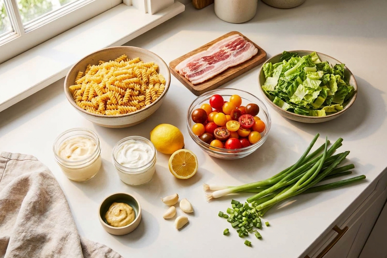 Uncooked rotini, bacon strips, cherry tomatoes, romaine lettuce, mayonnaise, sour cream, lemon, Dijon mustard, garlic, and green onions arranged on a clean kitchen counter in natural light