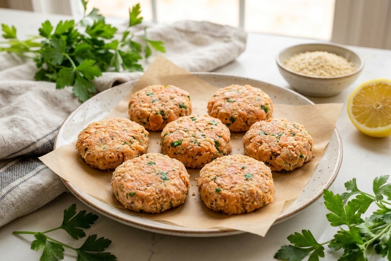 Uncooked salmon patties shaped into small rounds on a plate lined with parchment paper on a countertop