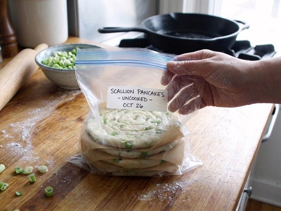Uncooked scallion pancakes separated by parchment paper inside a labeled freezer bag on a kitchen counter