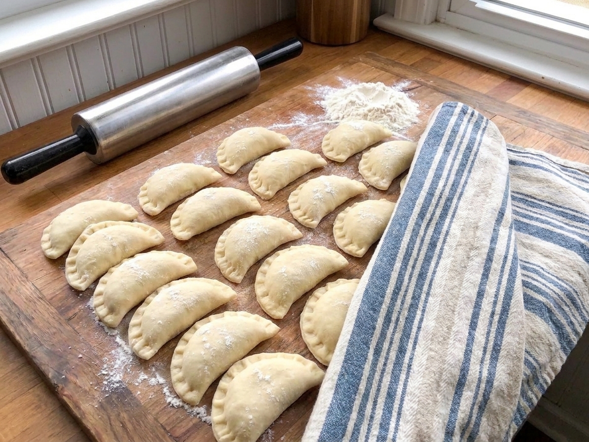 Uncooked, sealed pierogi arranged in rows on a floured wooden board, with a kitchen towel partially covering them