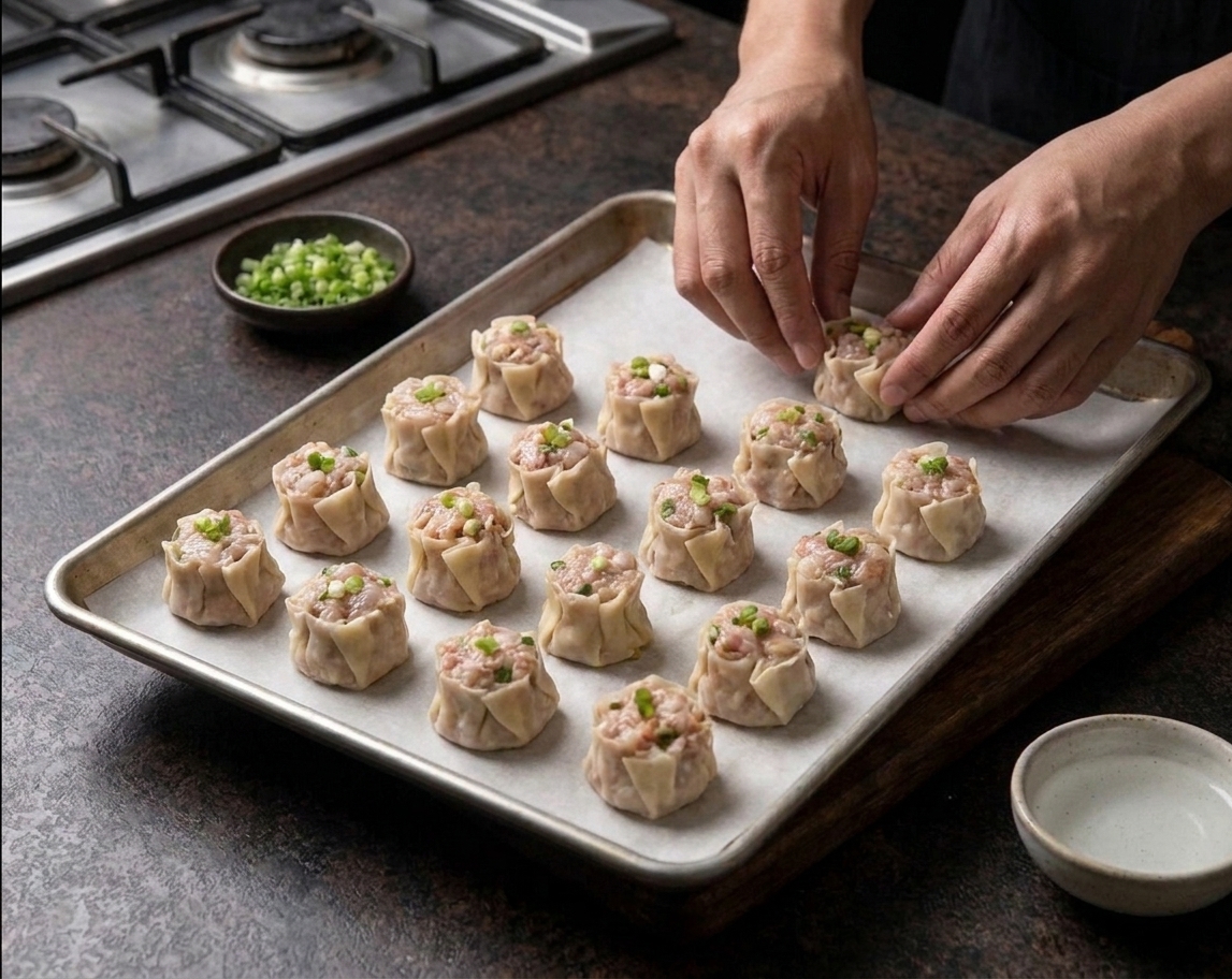 Uncooked shumai arranged in neat rows on a parchment-lined baking sheet ready to be frozen