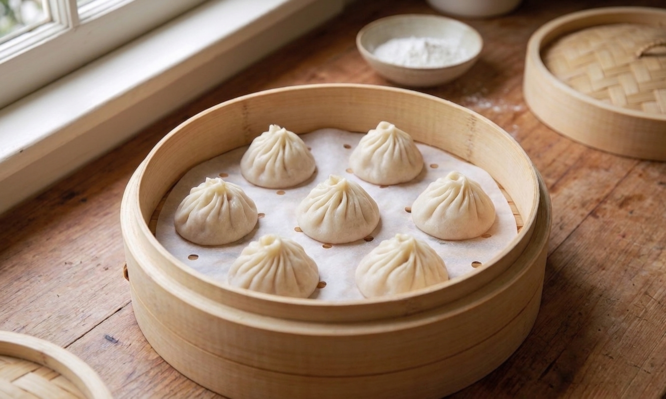 Uncooked siu long bao arranged inside a bamboo steamer on perforated parchment, evenly spaced and ready to steam