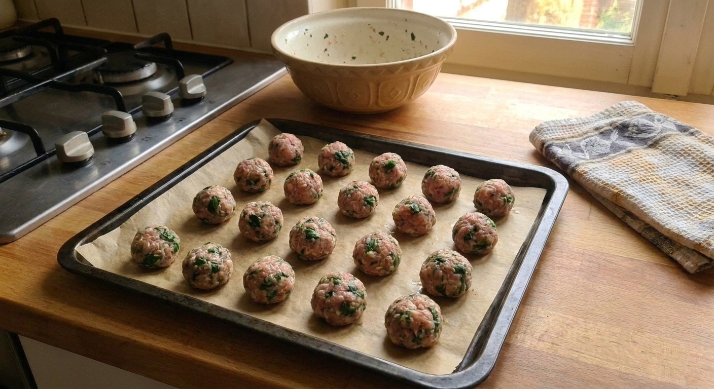 Uncooked small meatballs arranged on a parchment-lined sheet pan on a kitchen counter