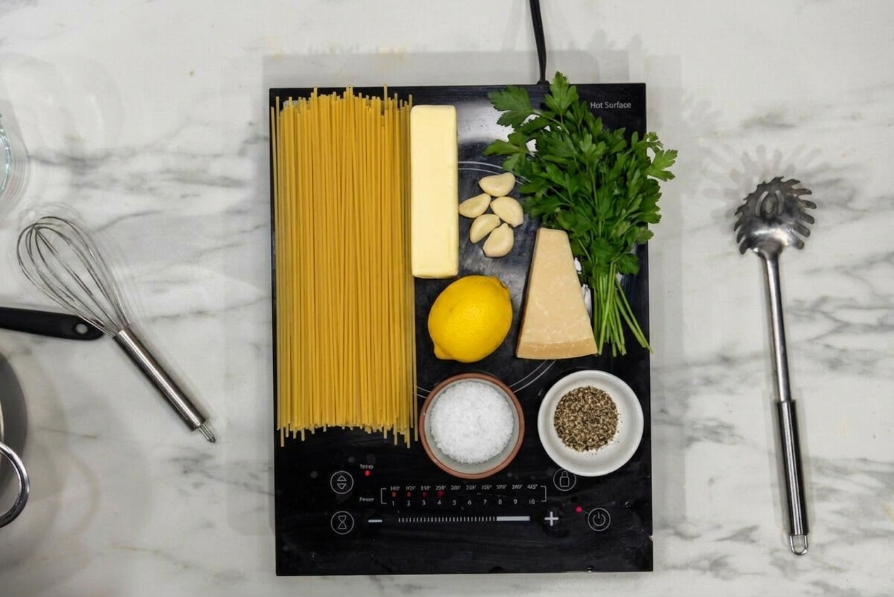 Uncooked spaghetti, a stick of butter, garlic cloves, a lemon, parmesan, parsley, and small bowls of salt and pepper arranged on a clean kitchen counter