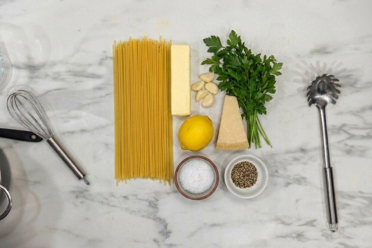 Uncooked spaghetti, a stick of butter, garlic cloves, a lemon, parmesan, parsley, and small bowls of salt and pepper arranged on a clean kitchen counter