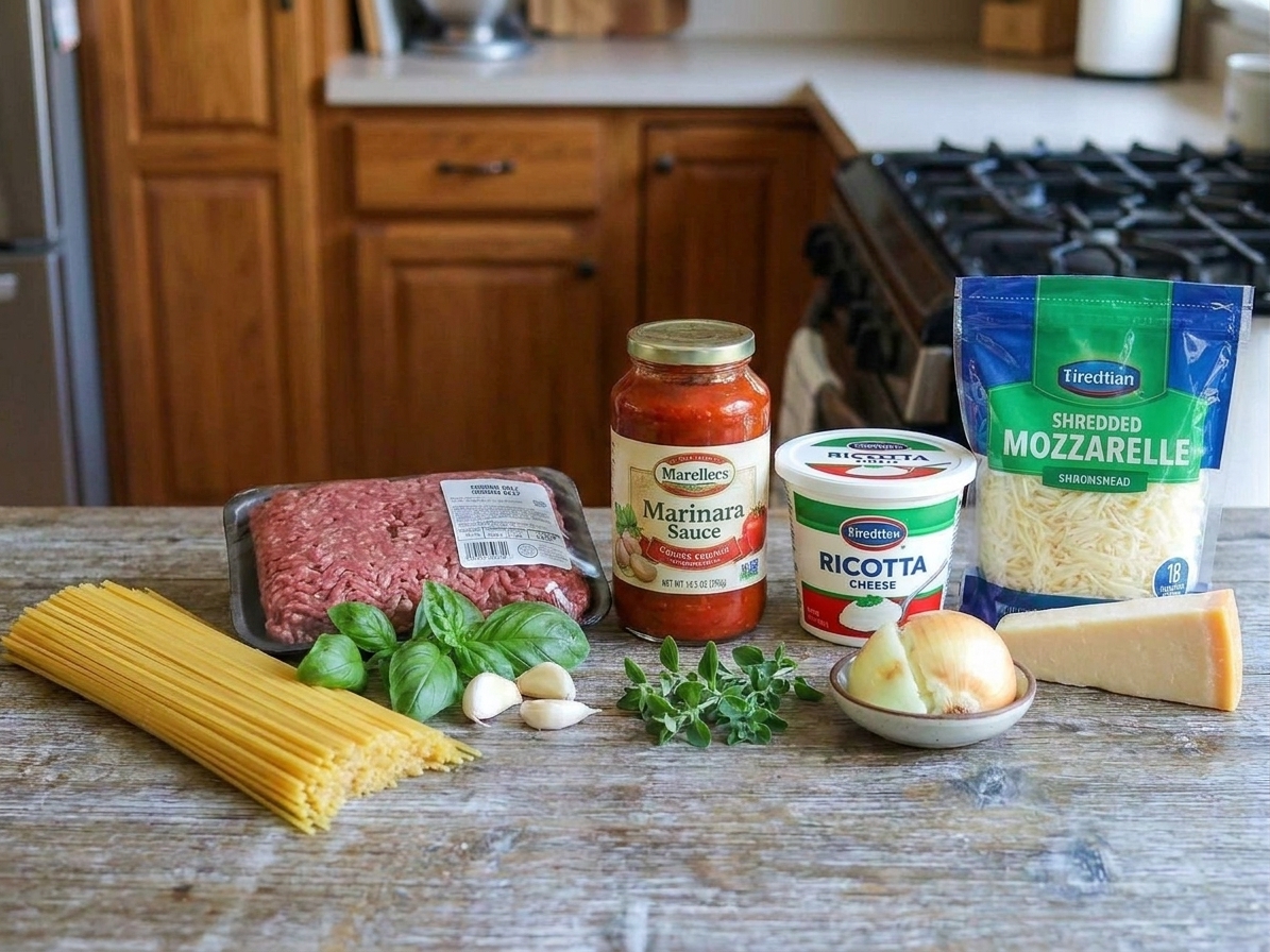 Uncooked spaghetti, ground beef, jarred marinara, ricotta, mozzarella, Parmesan, garlic, and herbs arranged neatly on a clean kitchen counter in warm natural light