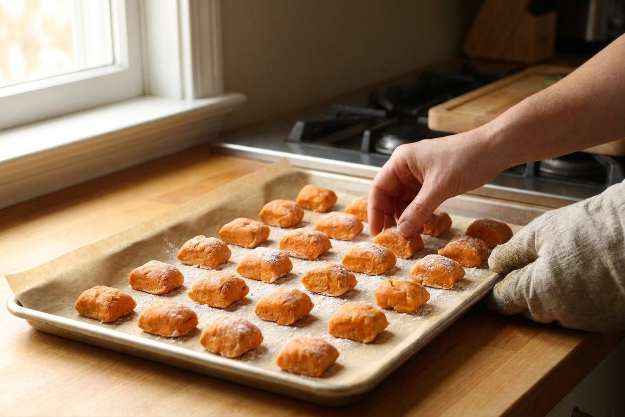 Uncooked sweet potato gnocchi pieces arranged in a single layer on a parchment-lined baking sheet, ready to be frozen