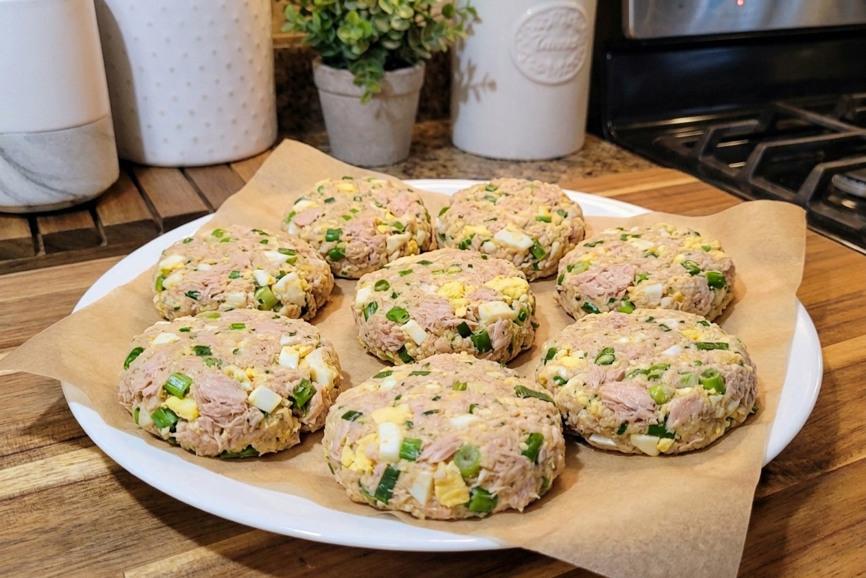 Uncooked tuna cake patties shaped into small rounds on a parchment-lined plate, ready to chill