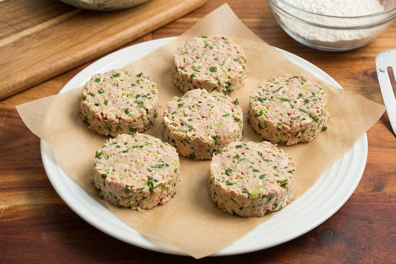 Uncooked tuna patties shaped into rounds on a plate lined with parchment paper on a kitchen counter