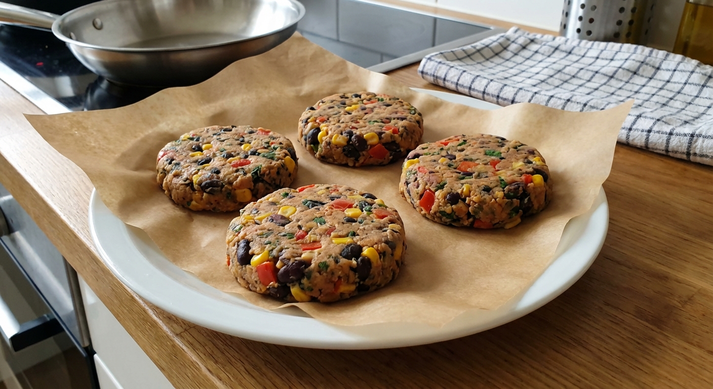 Uncooked veggie patties formed into rounds on a parchment-lined plate ready for the skillet