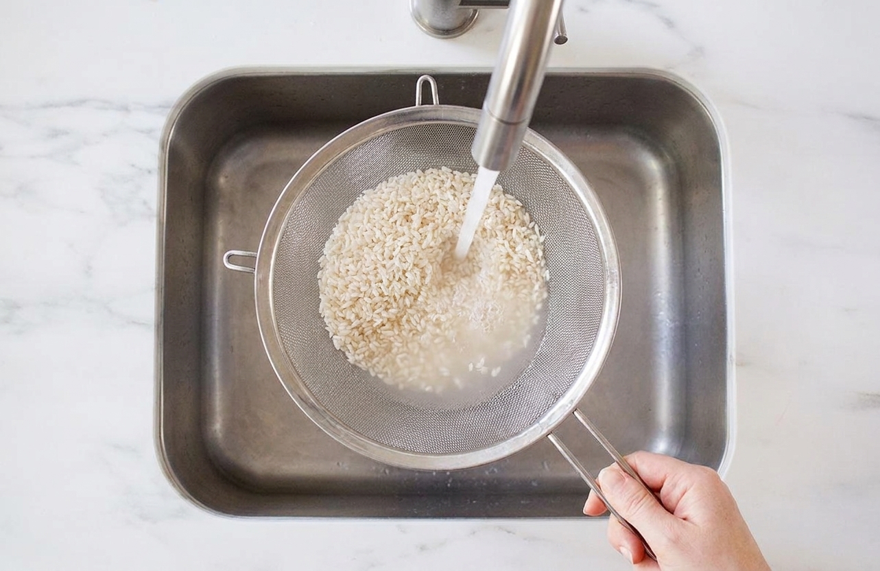 Uncooked white rice being rinsed in a fine mesh strainer under running water in a home kitchen sink
